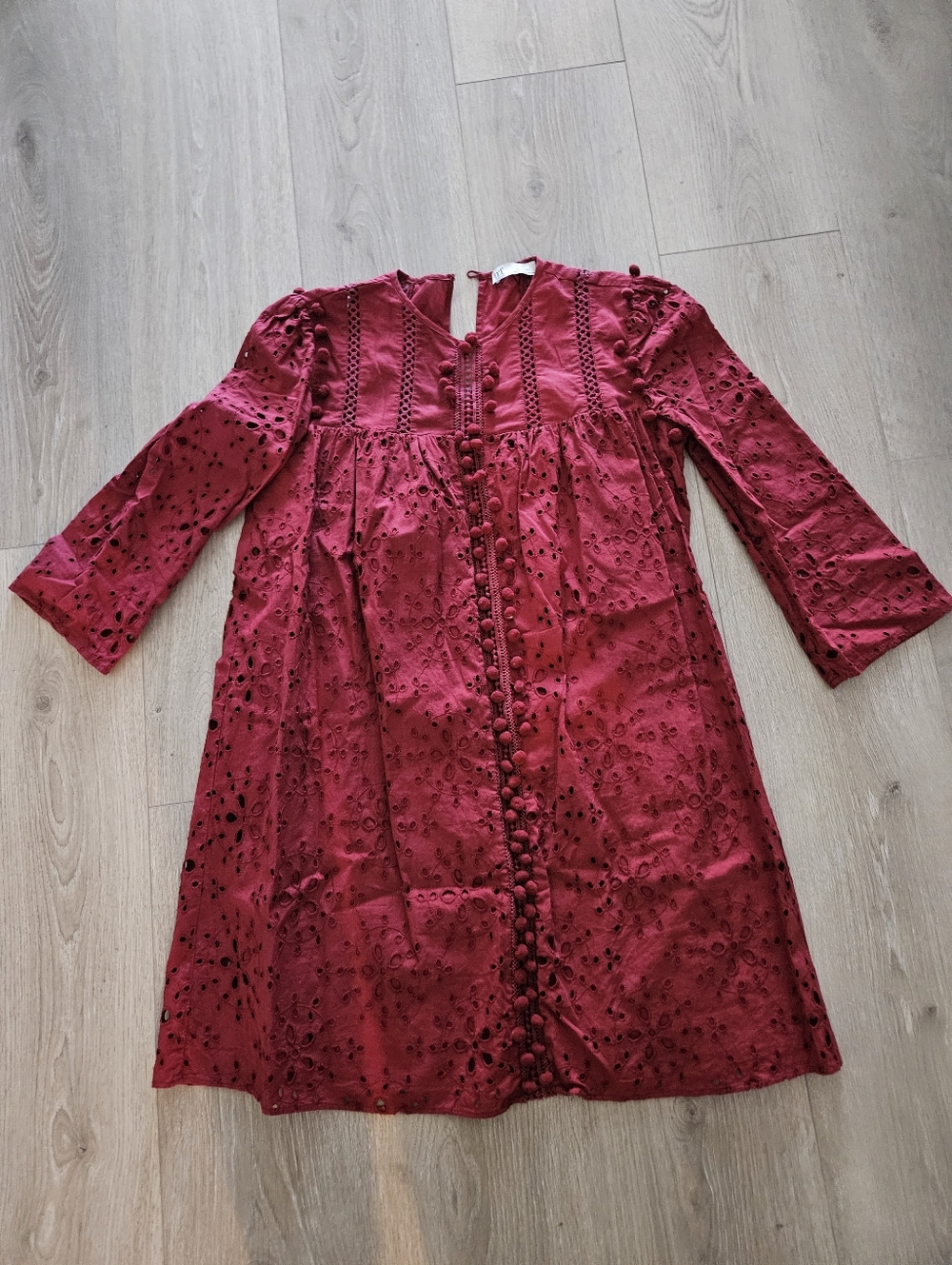 Zara Burgundy Eyelet Button-Front Dress XS